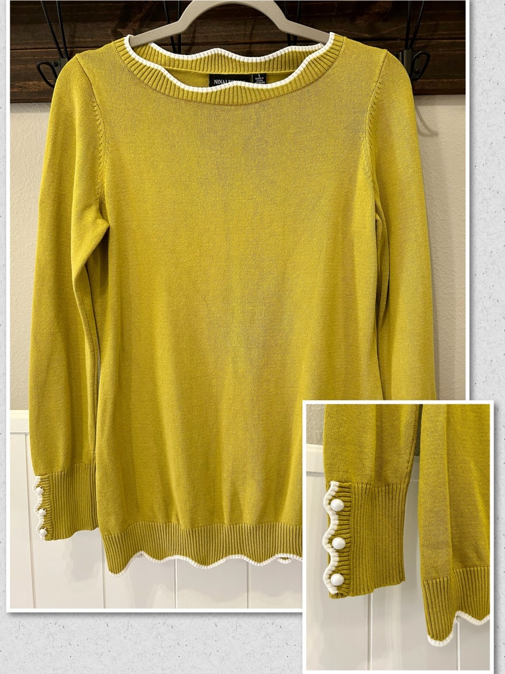 New Nina Leonard Scallop Neckline Sweater Chartreuse White Trim Pearl Buttons S